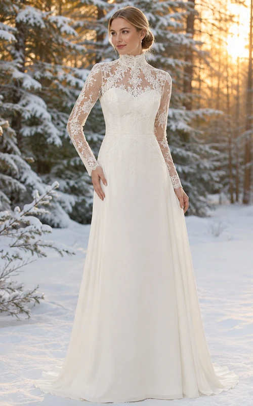 Robe de mariée en mousseline à col montant et manches en dentelle, motif forêt enneigée, pour une fugue amoureuse