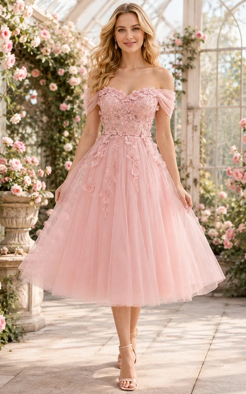 Vestido de dama de honor/invitada de corte A, largo midi, de tul con apliques florales y hombros descubiertos, color rosa empolvado, estilo romántico.