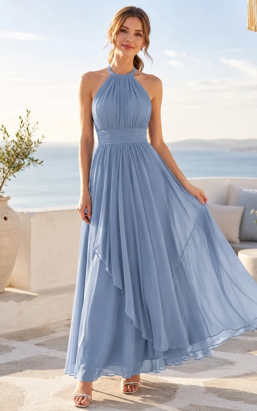 Romantisches, nebelblaues, halterloses, plissiertes Chiffon-Brautjungfernkleid in A-Linie, bodenlang
