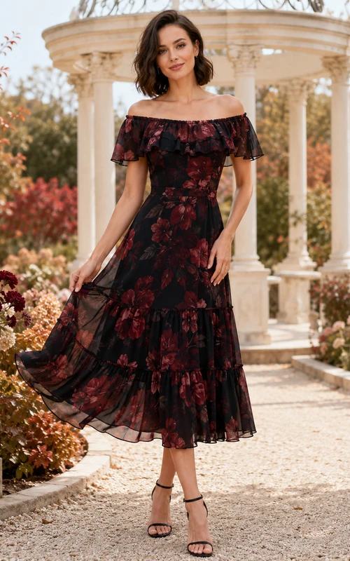 Vestido midi negro burdeos con estampado floral, hombros descubiertos y volantes escalonados para invitadas.
