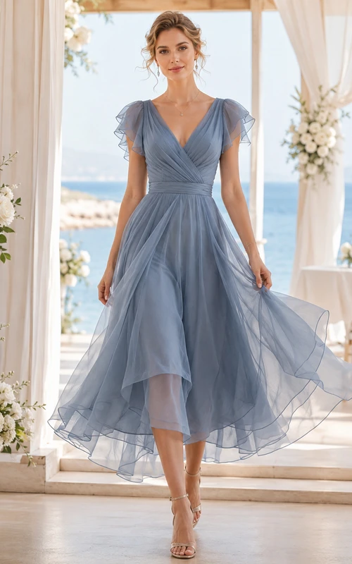 Slate Blue V Neck Flutter Layered Organza Guest Dress