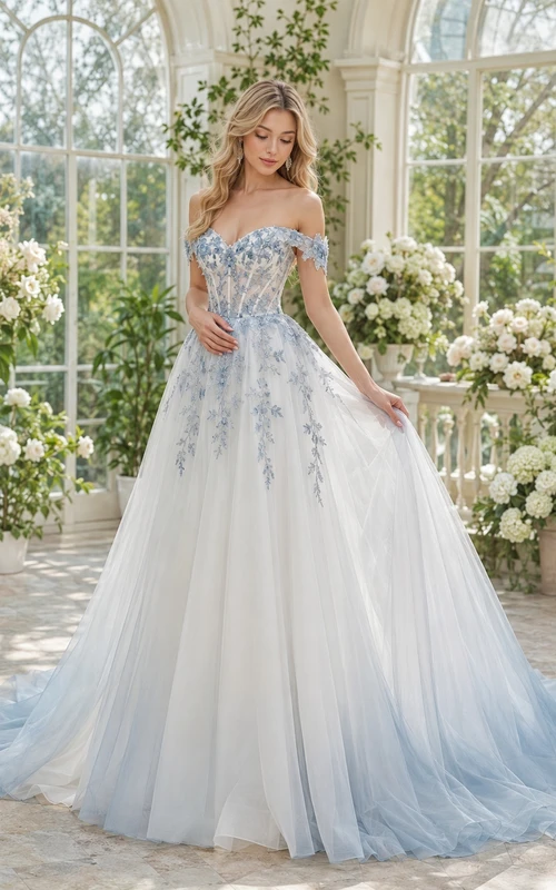 Himmelblaues, luftiges A-Linien-Chiffon-Brautkleid im Boho-Stil mit schulterfreiem Schnitt und Blütenblattärmeln