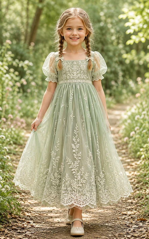 Robe de demoiselle d'honneur en dentelle sauge et tulle, coupe trapèze, manches bouffantes, encolure carrée, longueur midi, ornée d'appliqués.