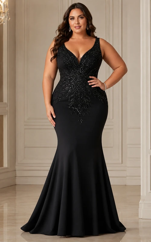Plus Size Mermaid Sequin Plus Size Evening Dress with V-neck, Sleeveless and Sequins Beading, Floor Length