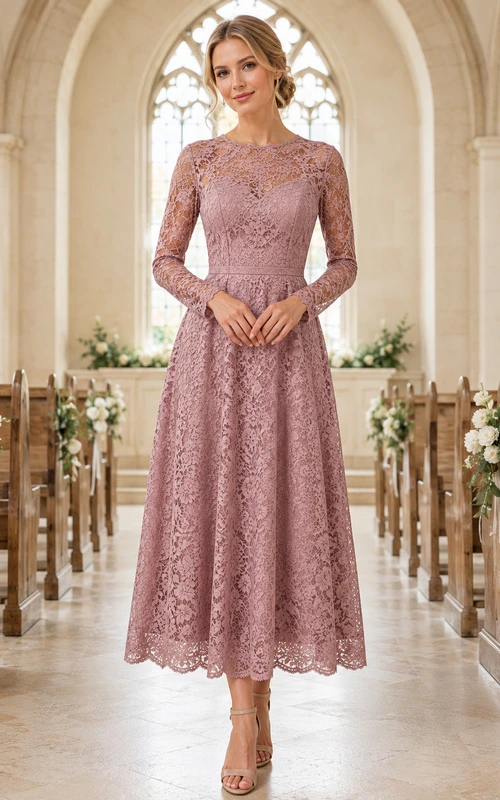 Robe trapèze mauve à manches longues et col rond en dentelle, longueur thé