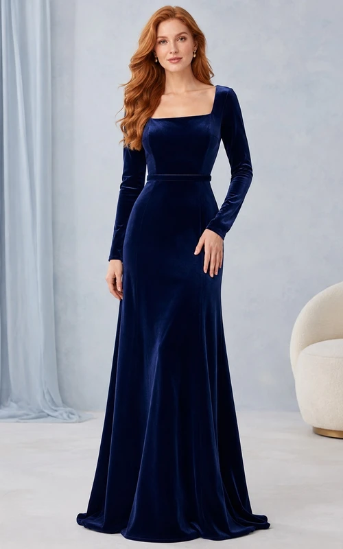 Dark Navy Velvet Long Sleeve Square Neck Sheath Sweep Train Evening Gown