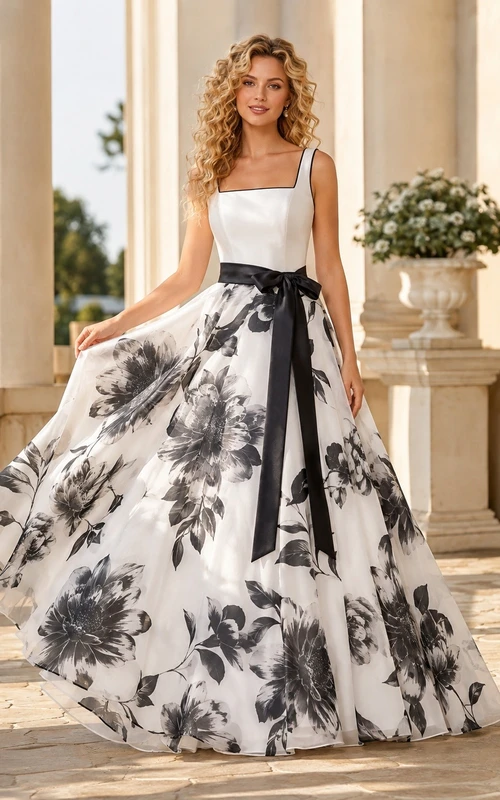 Romantic Floral Square Neck Sleeveless Floor-length Tulle Ball Gown Dress