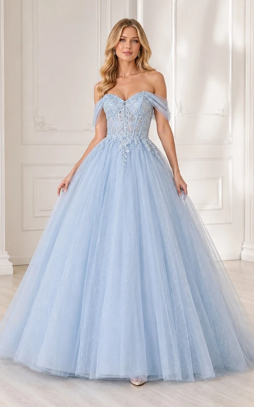 Sky Blue Tulle Lace Sweetheart Off-the-shoulder Short Sleeve Ball Gown Floor-length Beaded Romantic Prom Dress