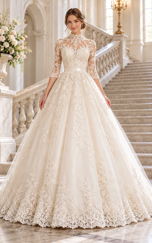 Vintage High Neck Three Quarter Sleeve Lace Full Wedding Dress