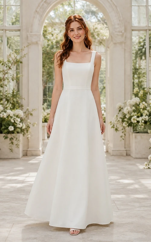 Schlichtes, modernes Brautkleid aus Satin mit eckigem Ausschnitt, Trägern und minimalistischem A-Linien-Schnitt in Bodenlänge