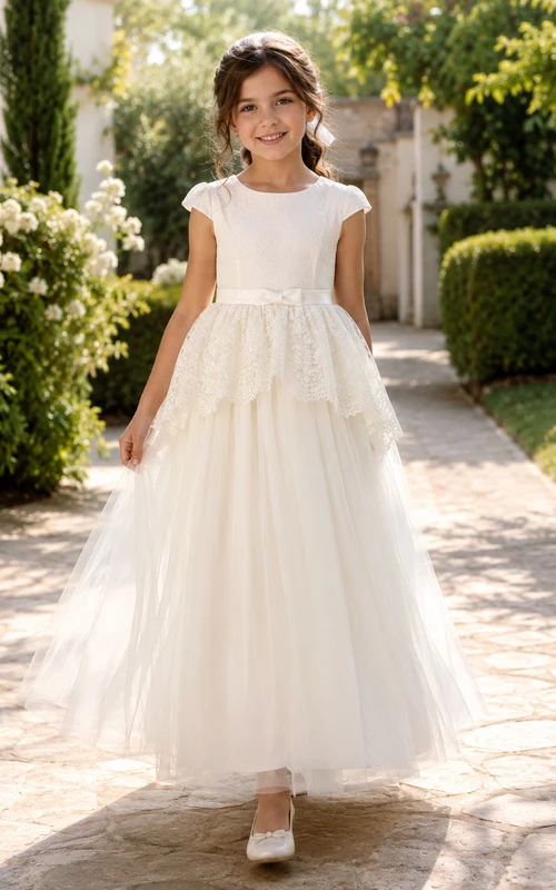 Elfenbeinfarbenes Spitzen-Peplum-Tüllkleid mit Rundhalsausschnitt, kurzen Ärmeln und bodenlangem Spitzen-Peplum-Ausschnitt – perfekt für Kommunion und als Blumenmädchenkleid.