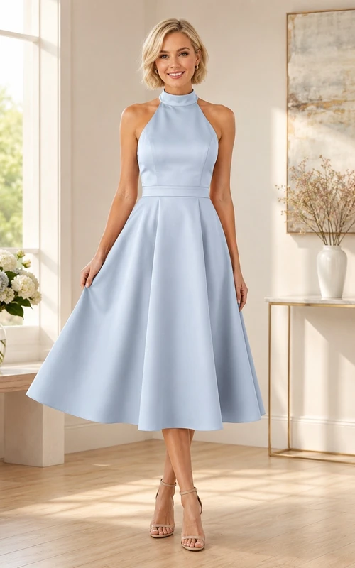 Sky Blue High Neck Sleeveless Satin A-Line Tea Dress