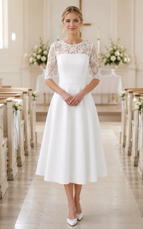 Vestido midi de corte A con mangas de encaje blanco y efecto ilusión para ceremonia de confirmación