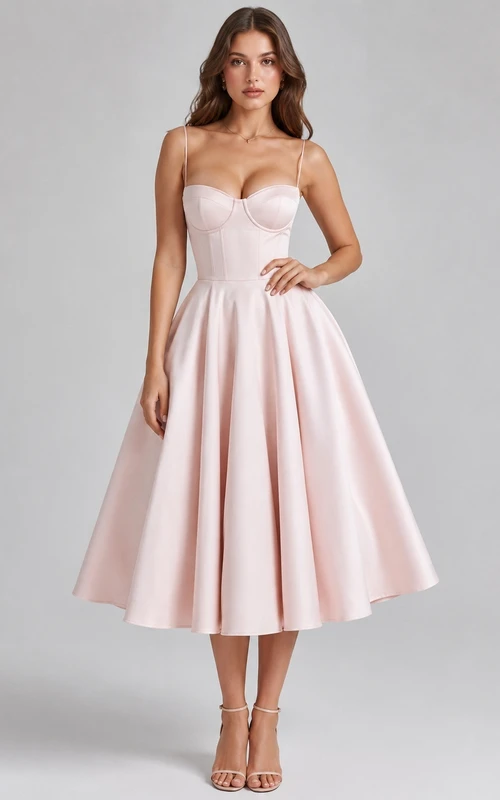 Perlmuttrosa, trägerloses A-Linien-Cocktailkleid aus Satin in Teelänge mit Herzausschnitt