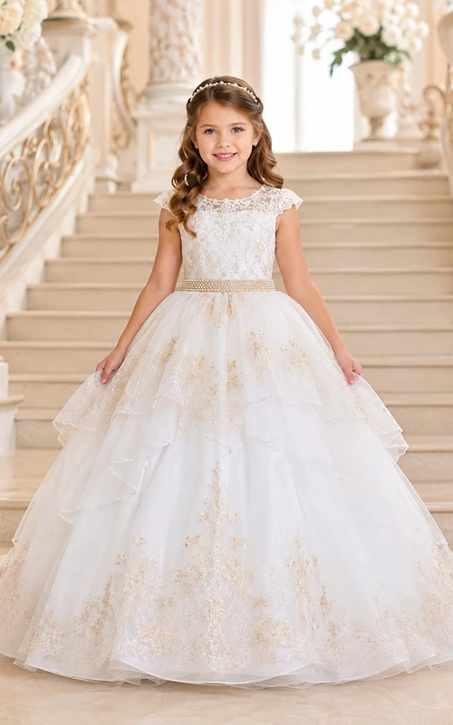 Ivory Romantic Strappy Tulle Short-Sleeve Ball-Gown Flowergirl Dress