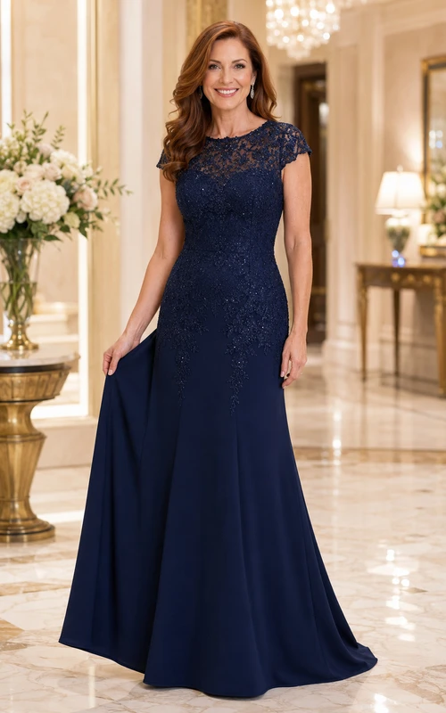 MOB Kleid Dunkelblaues Chiffon-Spitzen-Meerjungfrauenkleid mit kurzen Ärmeln und U-Boot-Ausschnitt, bodenlang