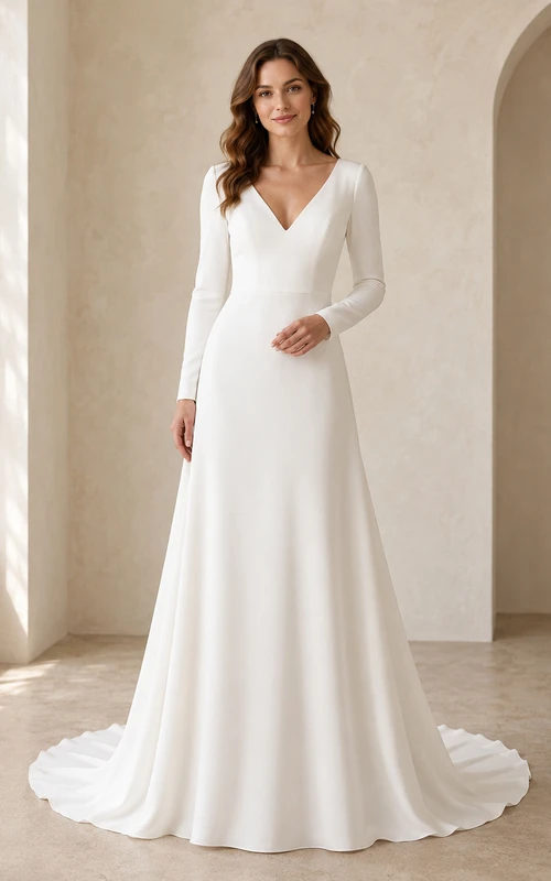 Minimalist Satin Wedding Dress A-Line V-Neck Long Sleeve Court Train Bridal Gown