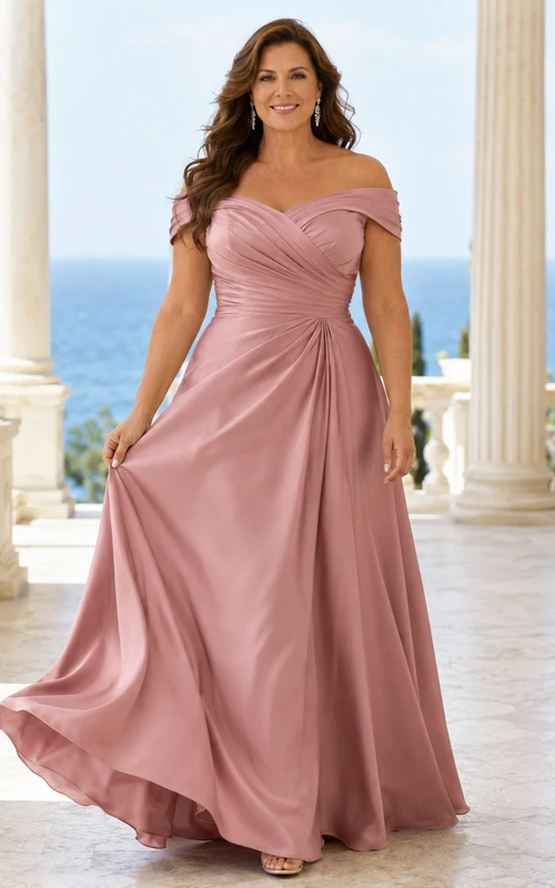 Romantisches Mutterkleid aus Satin in Übergröße in Altrosa mit schulterfreiem Schnitt, kurzen Ärmeln und drapiertem A-Linien-Schnitt, bodenlang