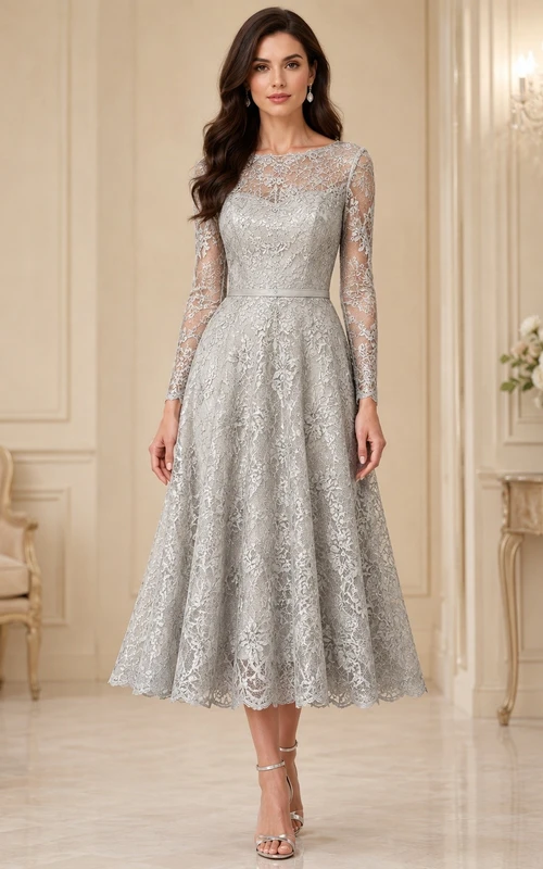Vestido de madre de manga larga, corte A, encaje brillante, efecto ilusión, color plata.