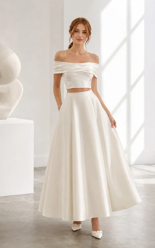Robe de mariée deux pièces en satin à épaules dénudées, longueur thé, coupe trapèze