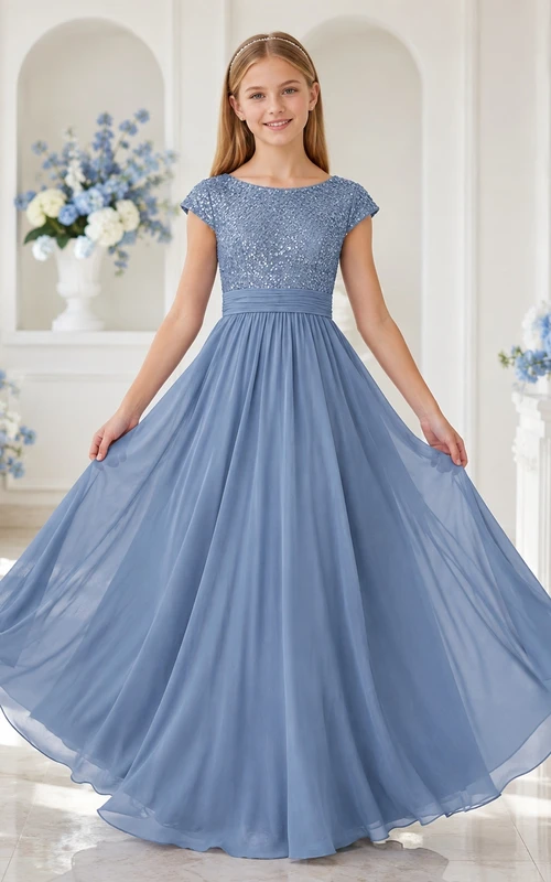 Stahlblaues Brautjungfernkleid in A-Linie mit rundem Ausschnitt und kurzen Ärmeln aus Chiffon mit Paillettenbesatz – elegant