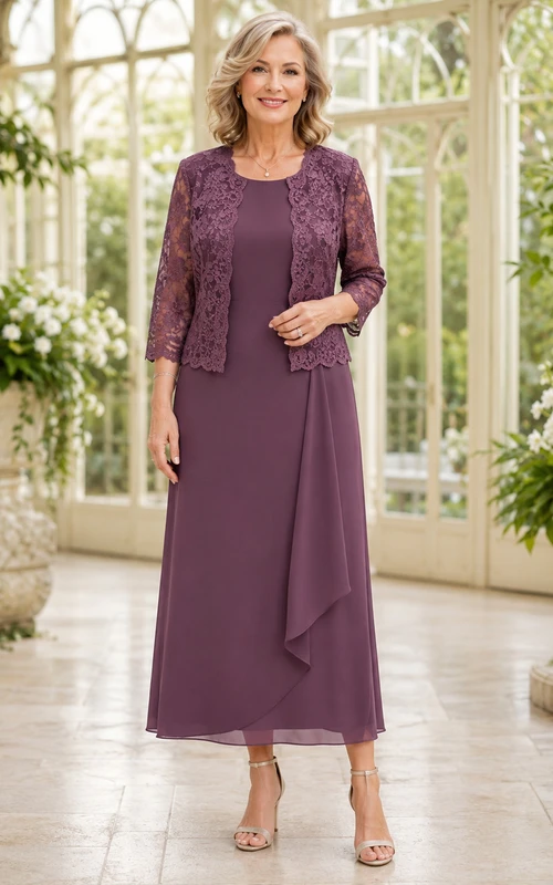 Elegantes, romantisches, abnehmbares Spitzenjäckchen, asymmetrisch drapiertes Chiffonkleid in Teelänge in Pflaumenfarbe – perfekt für die Mutter der Braut.