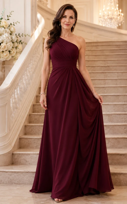 Burgundy One Shoulder Sleeveless Draped Chiffon A-Line Floor Length Mother Dress