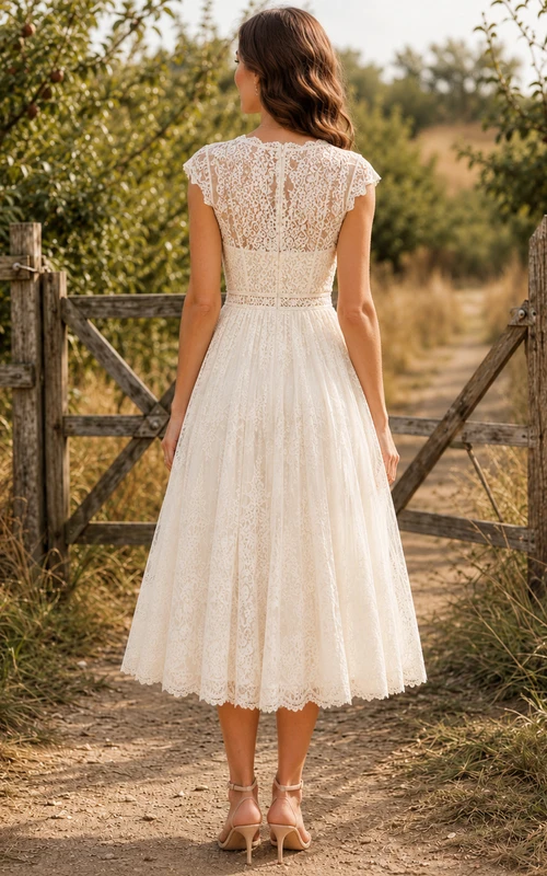 Vestido de novia vintage de encaje y tul, corte en A, escote en V, mangas cortas, largo hasta la rodilla.