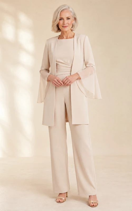 Ivory Mother Jumpsuit with Square Neck Long Jacket with Bell Sleeves and Straight Leg Pants