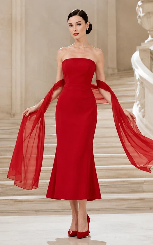 Sexy rotes Satin-Etui-Abendkleid in Teelänge, trägerlos mit drapierten Ärmeln