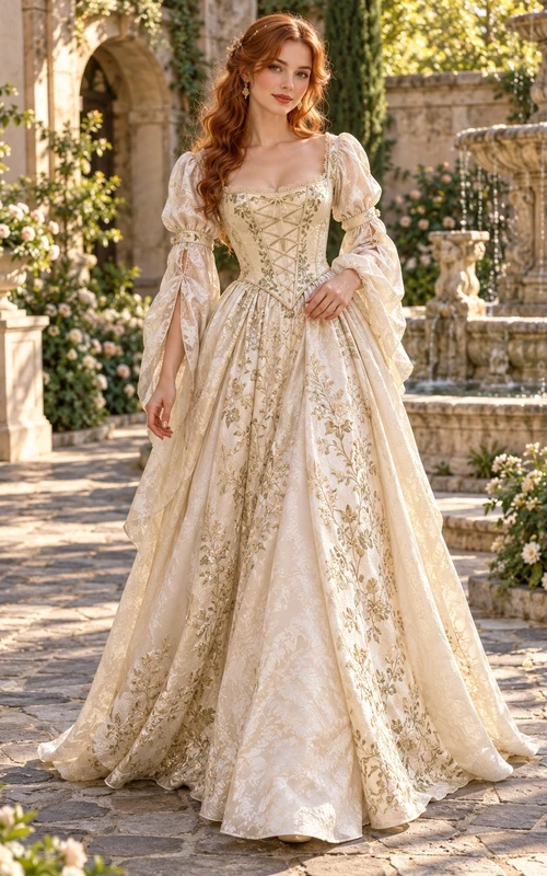 Vintage Renaissance Square Neck Puff Sleeve Embroidered Bridal Wedding Dress