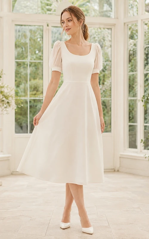 Vestido formal de corte A, largo midi, de gasa blanca con escote redondo y manga corta, de la línea Modern Line.