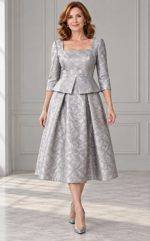 Robe de soirée argentée à col carré, manches trois-quarts, basque en jacquard, longueur thé, col carré et coupe trapèze.