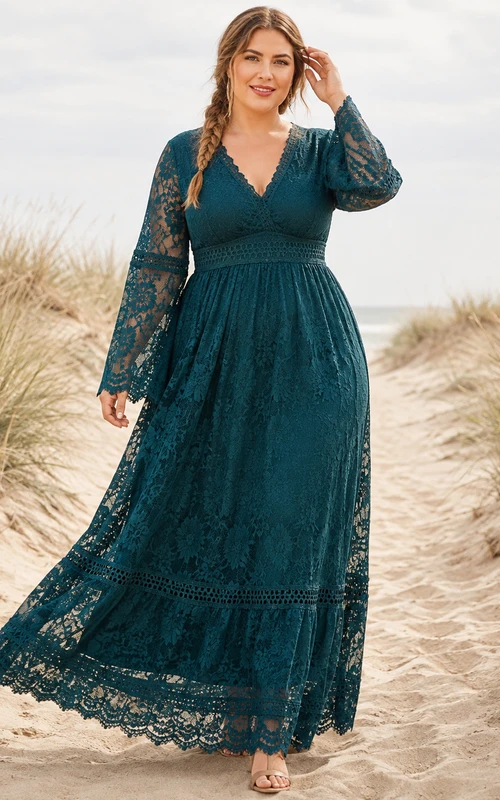 Vestido de noche bohemio largo hasta el suelo con escote en V, mangas acampanadas y encaje, de talla grande, con estampado de pavo real.