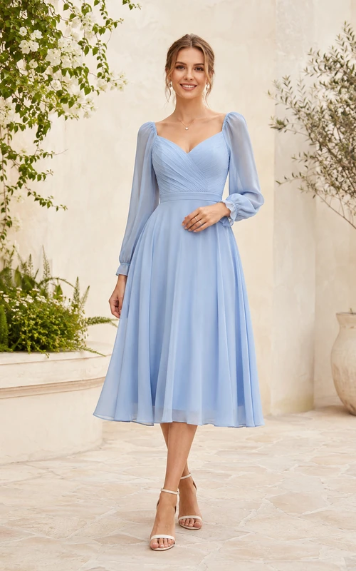 Sky Blue Sweetheart Long Balloon Sleeve Chiffon A-Line Midi Dress