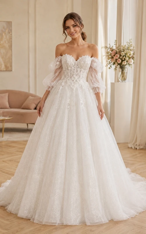 Vestido de novia romántico de manga larga con escote Bardot y cola catedral de tul