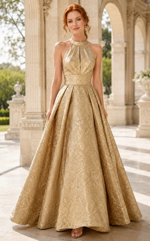 Elegantes, bodenlanges, goldfarbenes Abendkleid mit hohem Kragen und Neckholder aus Jacquard-Stoff in A-Linie