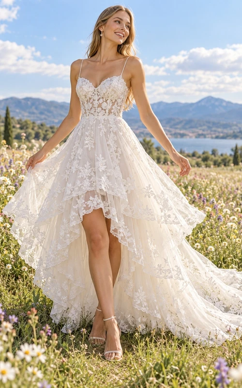 Boho High-low Spaghetti Strap Floral Lace A-line Train Wedding Dress
