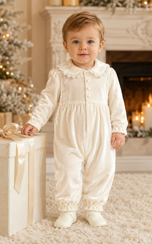 Pelele de bautizo de manga larga con cuello de volantes color crema y botones para bebé niño.