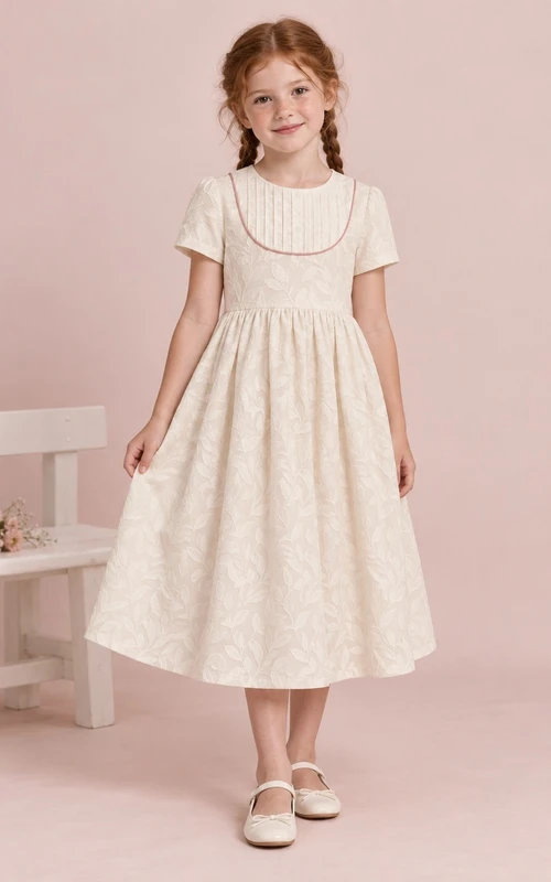 Robe de demoiselle d'honneur vintage modeste, couleur crème, longueur thé, manches courtes, empiècement passepoilé à plis piqués, jacquard à feuilles, froncée et boutonnée au dos.