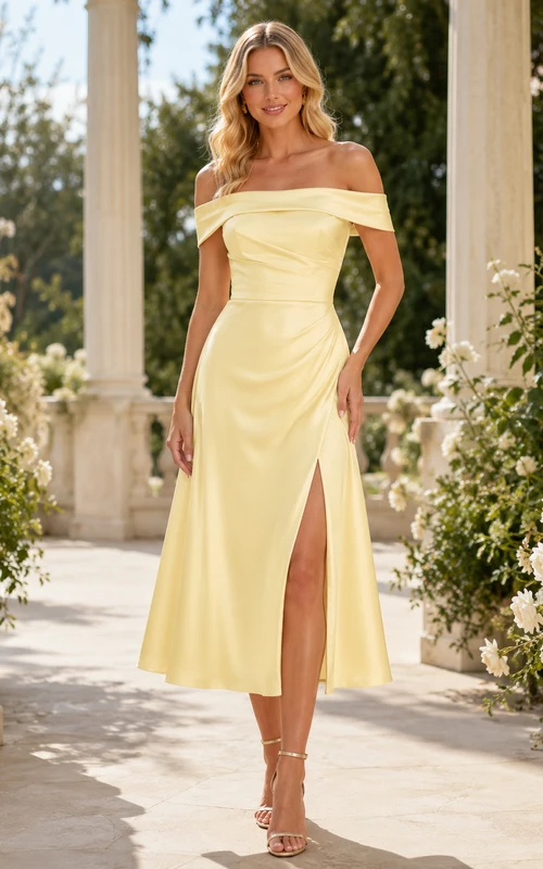 Butter Yellow Off Shoulder Draped Satin Midi Sheath Cocktail Dress
