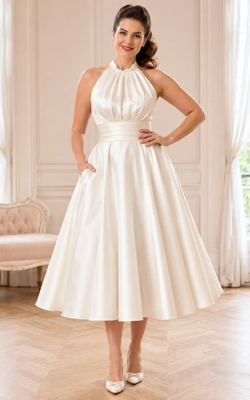 Schlichtes Vintage-Brautkleid aus den 1950er Jahren: Teelänge, Neckholder, hoher Kragen, rückenfrei, A-Linie, Satin
