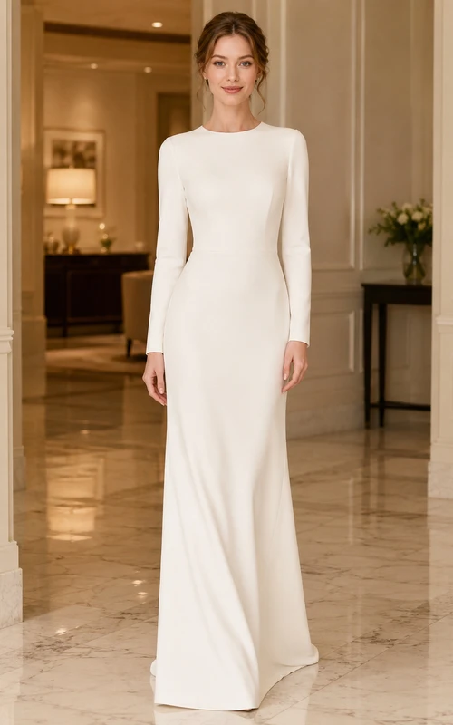 Simple Jewel Neck Long Sleeve Satin Sheath Floor Length Modest Wedding Dress