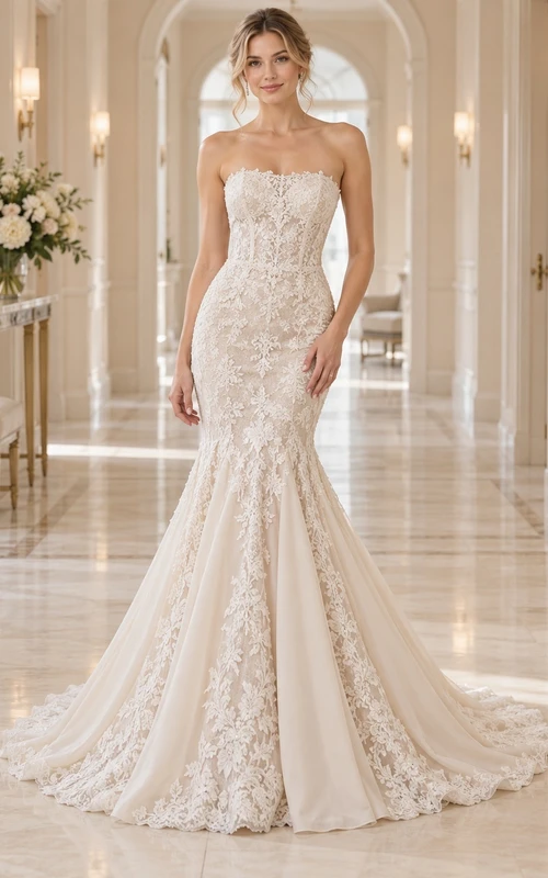 Robe de mariée sirène bustier décolleté cœur en dentelle florale et satin avec traîne