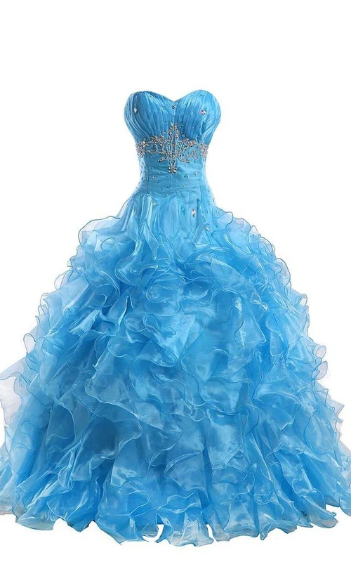 Ballkleid mit Herzausschnitt, Rüschen und Perlenstickerei