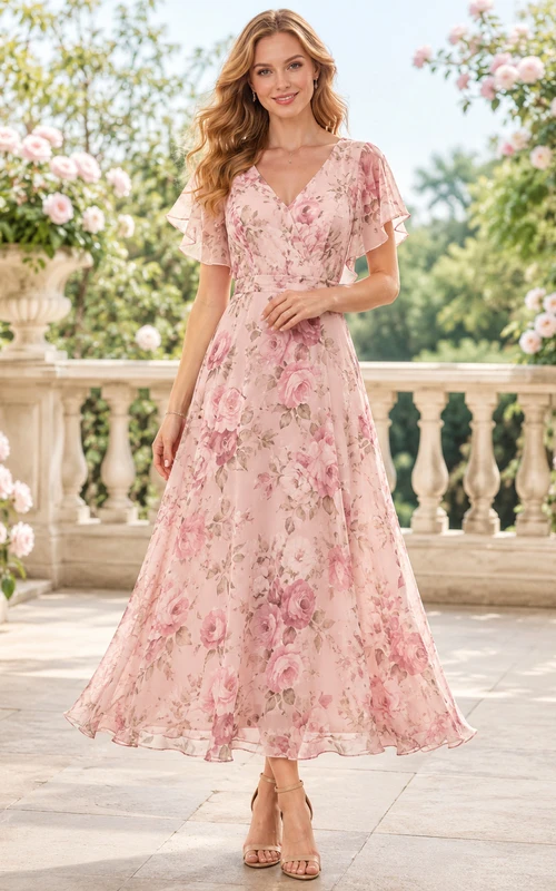 Vestido de gasa rosa pálido con estampado floral, manga corta y corte en A.