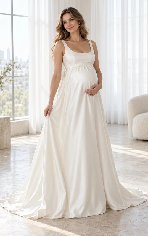Robe de mariée simple de maternité en satin, col rond, sans manches, coupe empire, sans manches, style empire