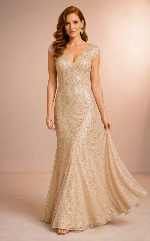 Vestido de tubo color champán con mangas cortas, detalles de cuentas y escote en V para madres y eventos formales.