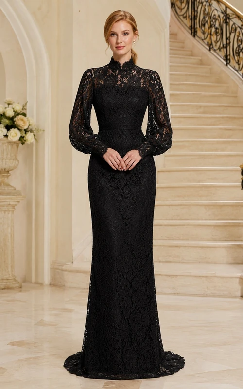 Modest Black High Neck Long Sleeve Lace Sheath Floor-Length Formal Evening Dress