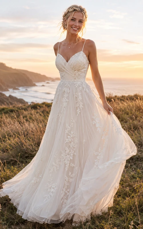 Robe de mariée de style bord de mer, à bretelles spaghetti, décolleté en V plongeant, dentelle et tulle, coupe trapèze, traîne, style bord de mer